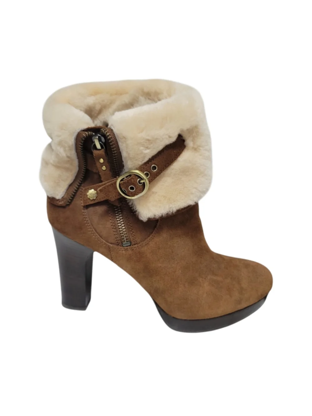 UGG Australia Scarlett Fixed Cuff Platform Brown Suede Faux Fur Lined Boots 9.5